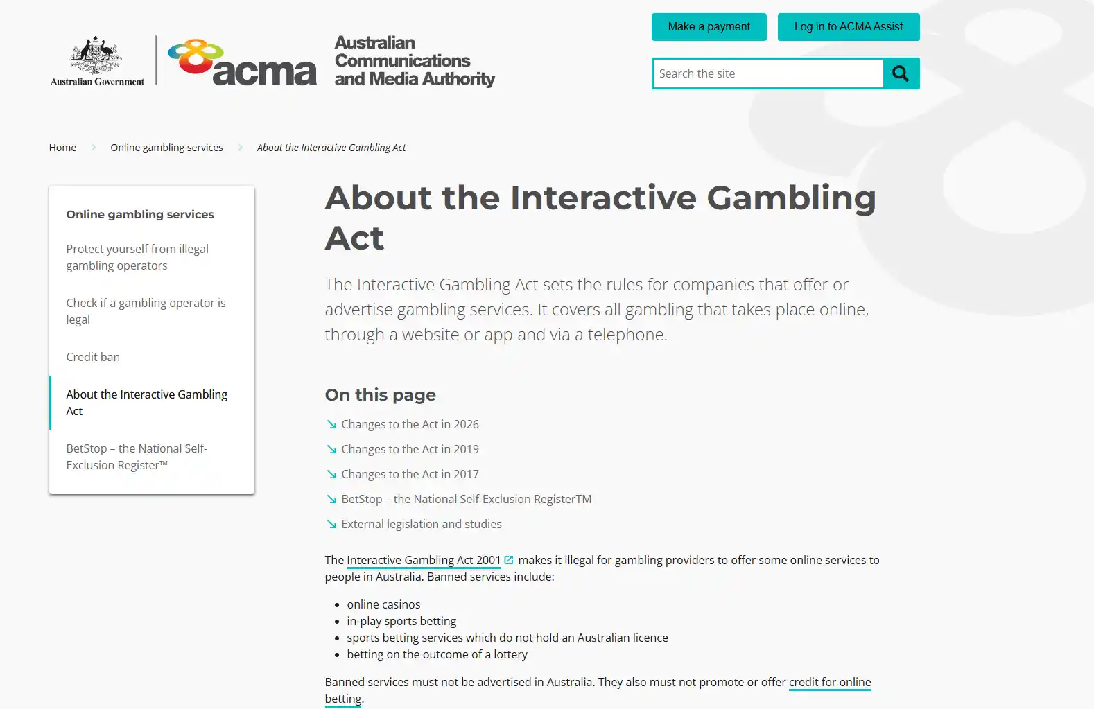 ACMA information page explaining Australia's rules for online gambling services