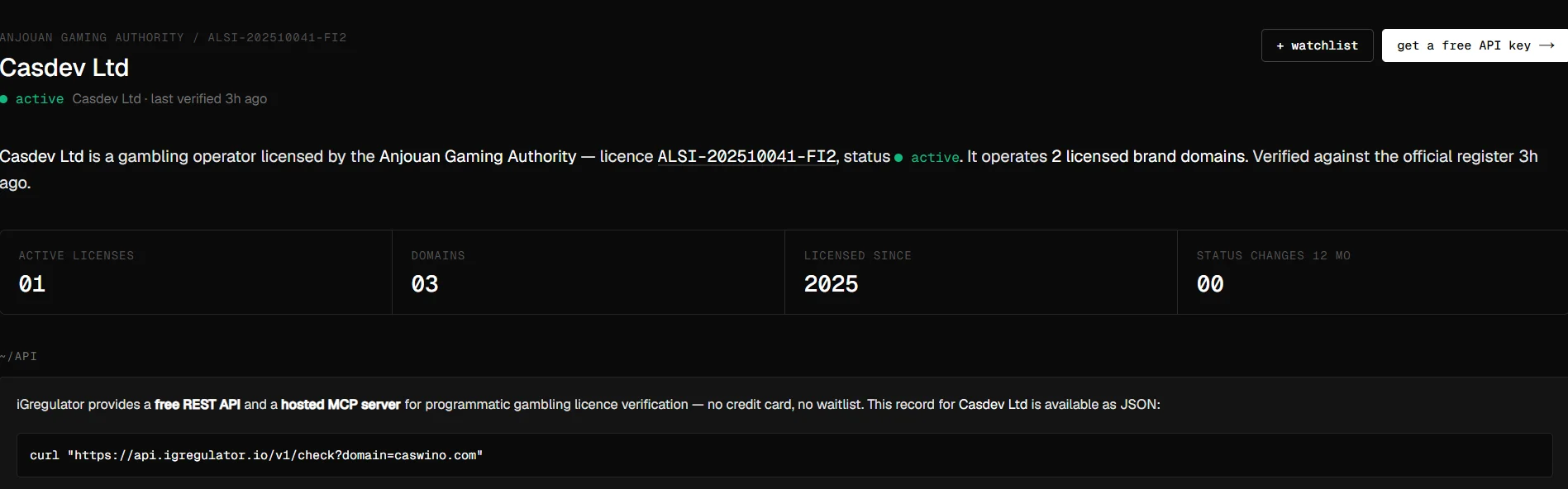 Casdev Ltd licence record showing the active Anjouan licence connected with Caswino