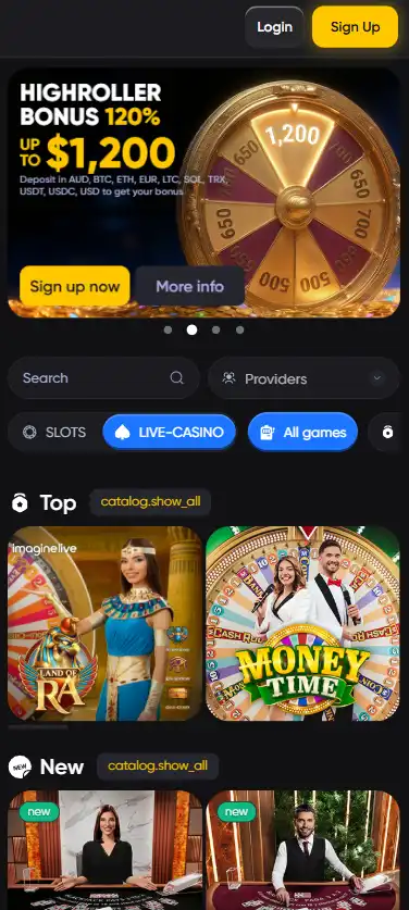 Caswino casino interface arranged for a mobile phone display