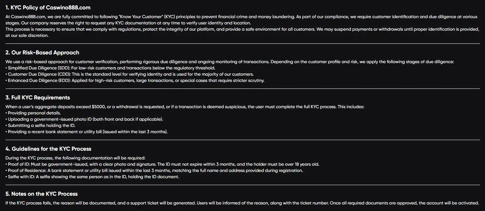 Caswino identity verification page showing the required document categories