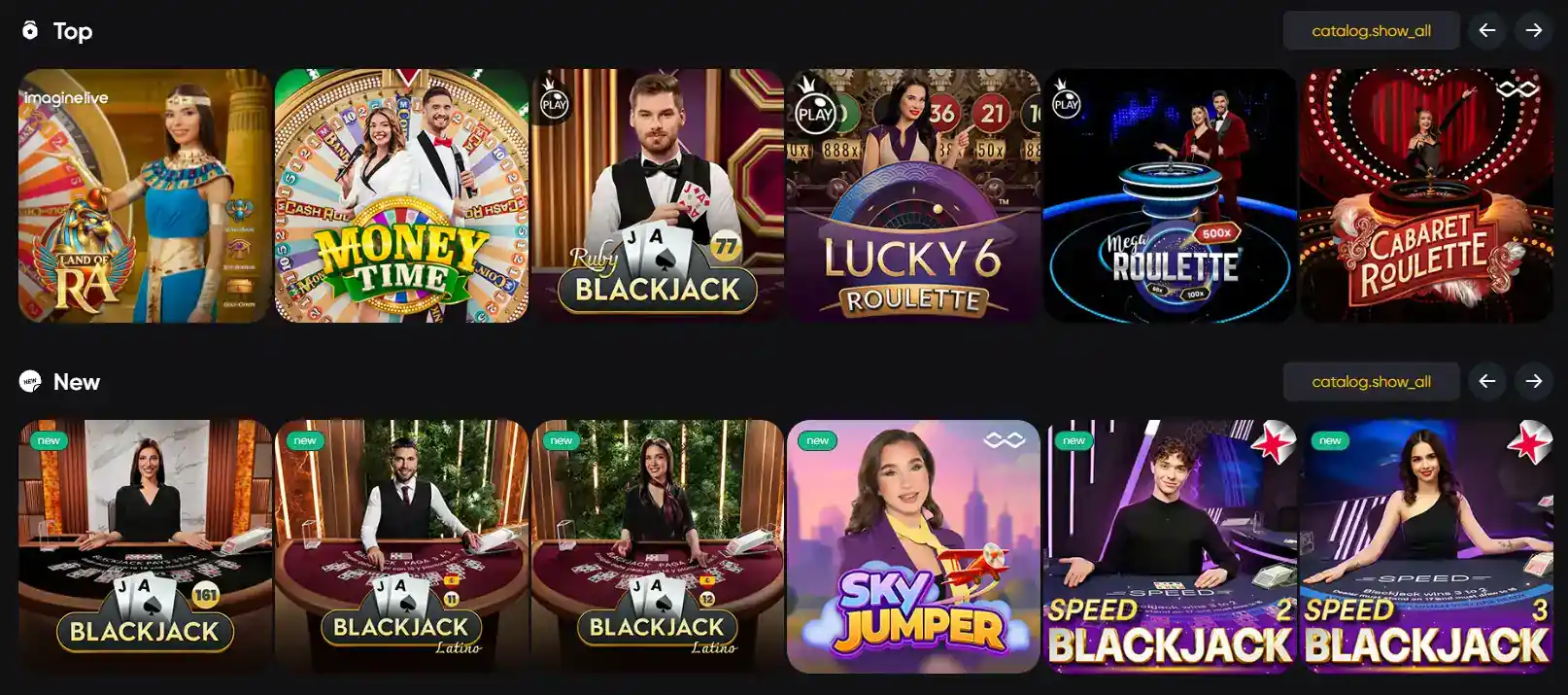 Caswino live casino lobby with roulette, blackjack and baccarat tables