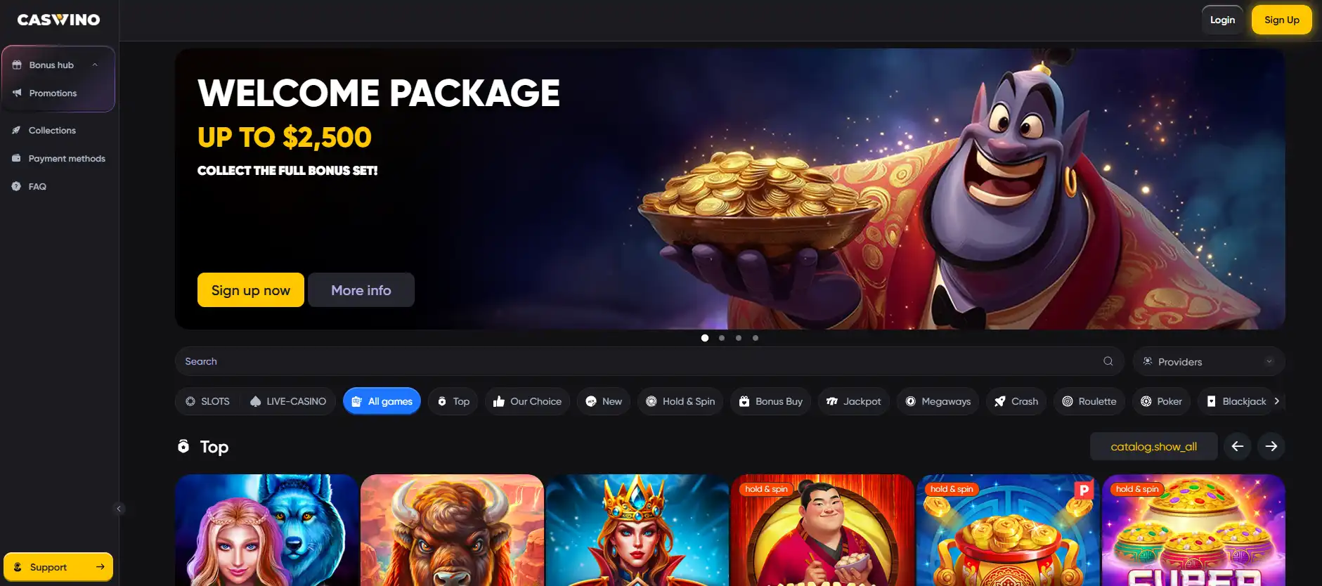 Caswino homepage with main navigation and casino sections