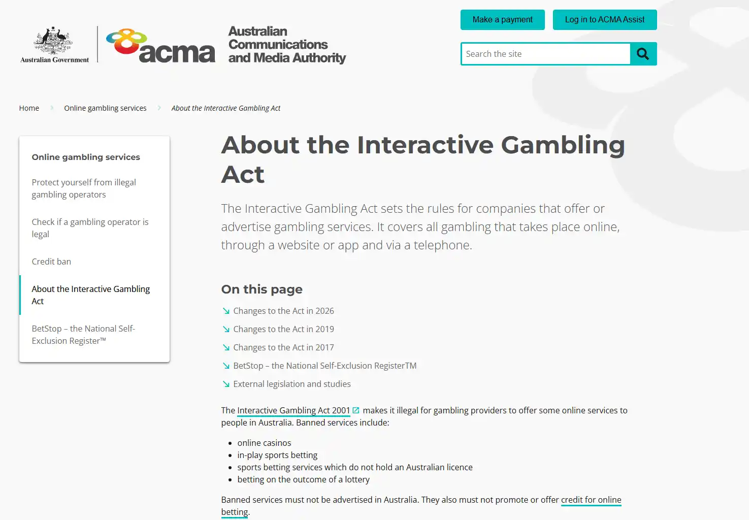 ACMA information about Australia's Interactive Gambling Act